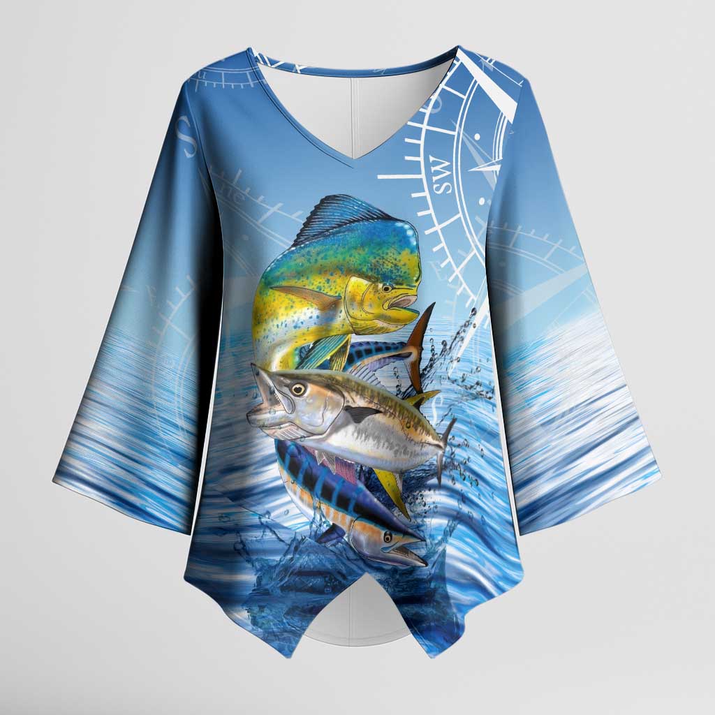 Mahi Mahi and Tuna Fish Kimono Sleeve Blouse Fishing Ocean Water Background and Nautical Compass Elements - Wonder Print Shop