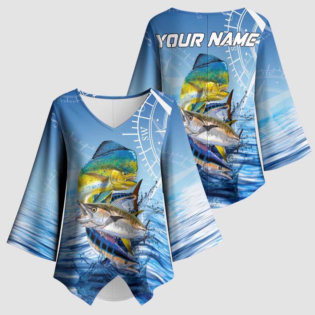 Mahi Mahi and Tuna Fish Kimono Sleeve Blouse Fishing Ocean Water Background and Nautical Compass Elements - Wonder Print Shop