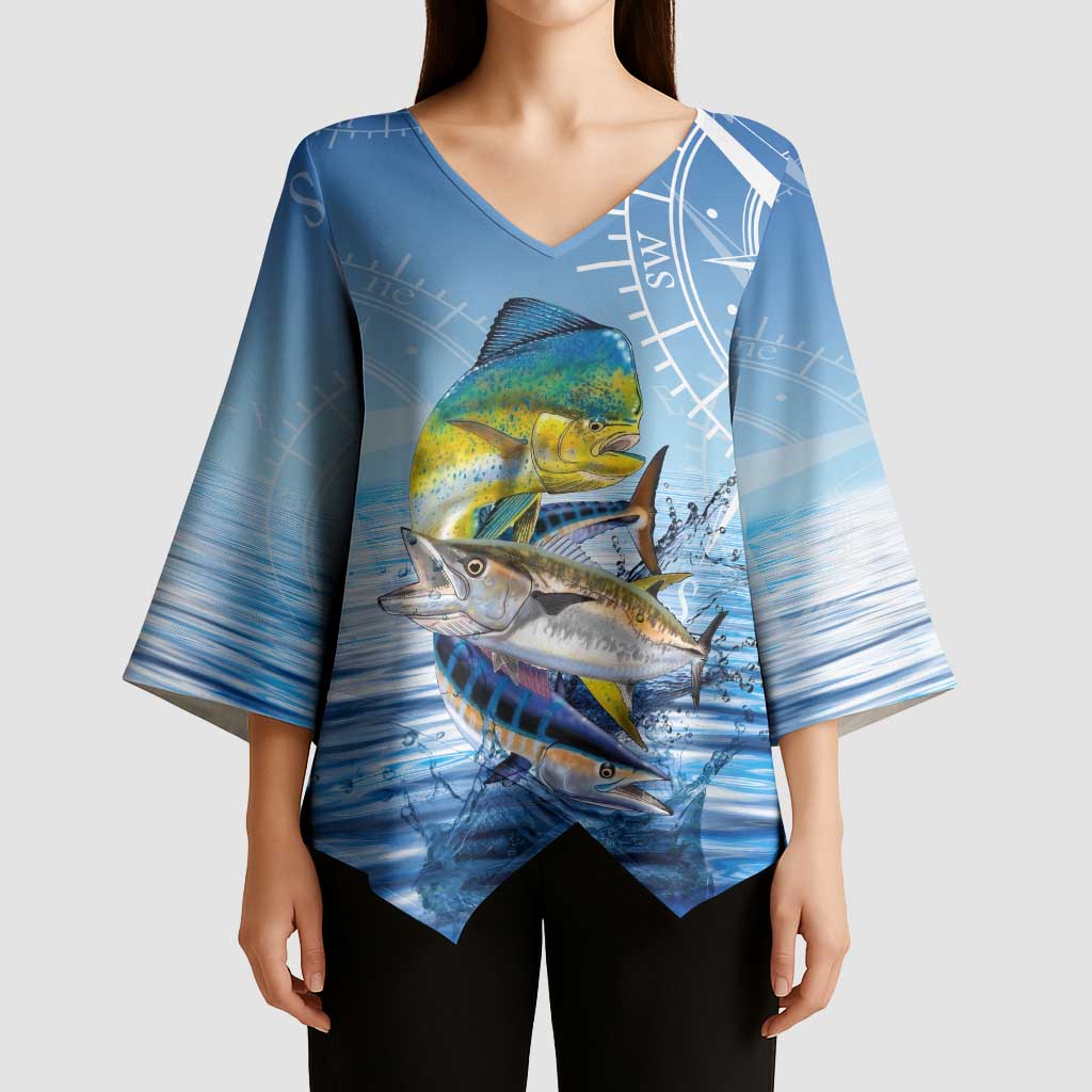 Mahi Mahi and Tuna Fish Kimono Sleeve Blouse Fishing Ocean Water Background and Nautical Compass Elements - Wonder Print Shop