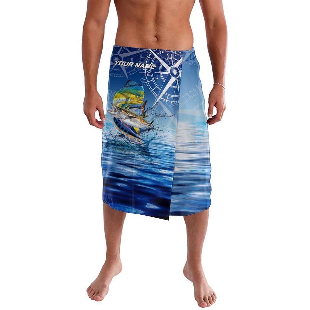 Mahi Mahi and Tuna Fish Lavalava Fishing Ocean Water Background and Nautical Compass Elements - Wonder Print Shop