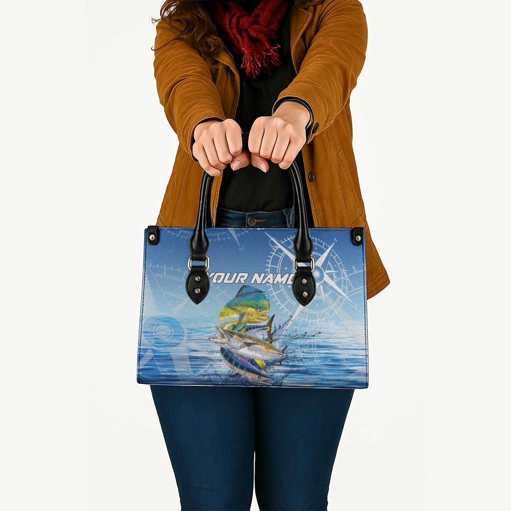 Mahi Mahi and Tuna Fish Leather Bag Fishing Ocean Water Background and Nautical Compass Elements - Wonder Print Shop