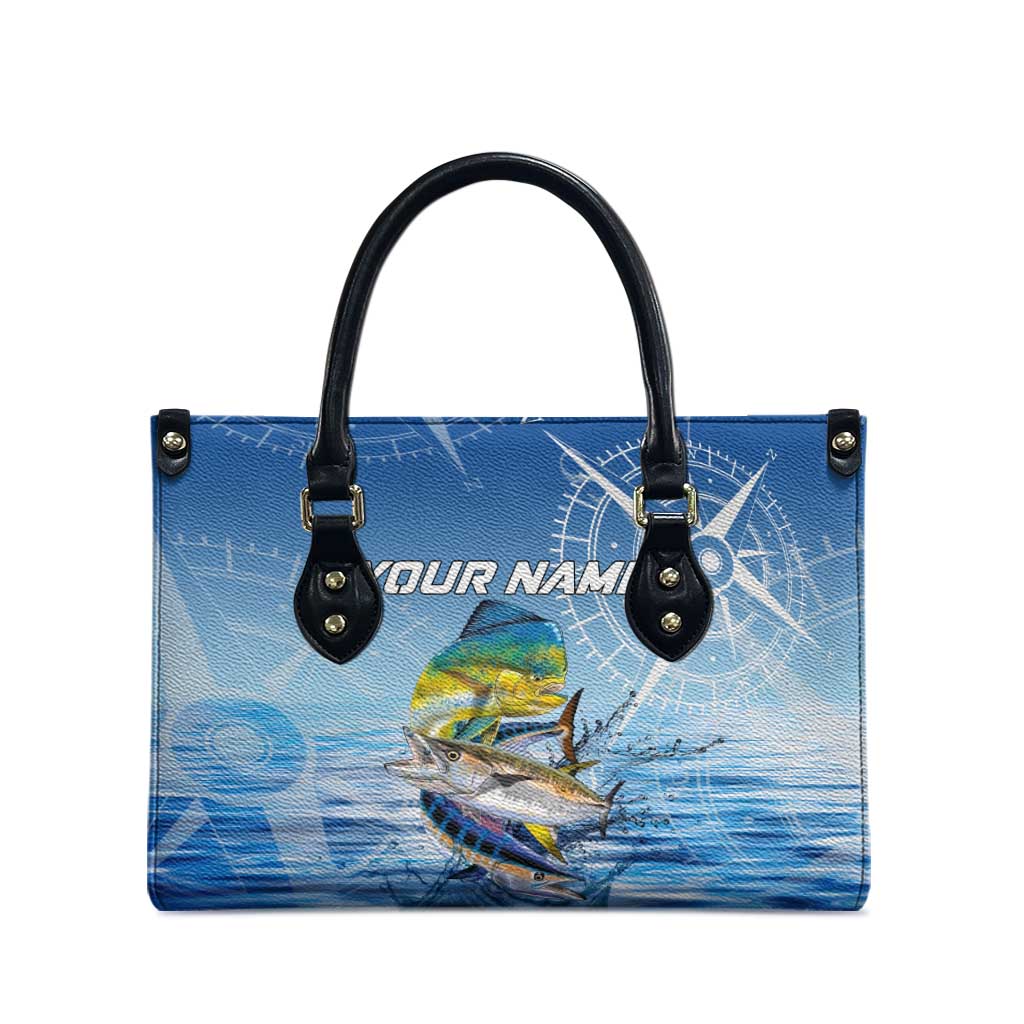 Mahi Mahi and Tuna Fish Leather Bag Fishing Ocean Water Background and Nautical Compass Elements - Wonder Print Shop