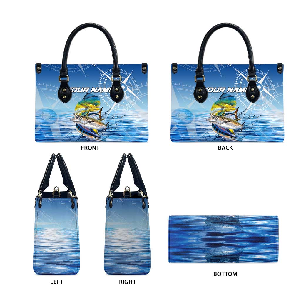 Mahi Mahi and Tuna Fish Leather Bag Fishing Ocean Water Background and Nautical Compass Elements - Wonder Print Shop