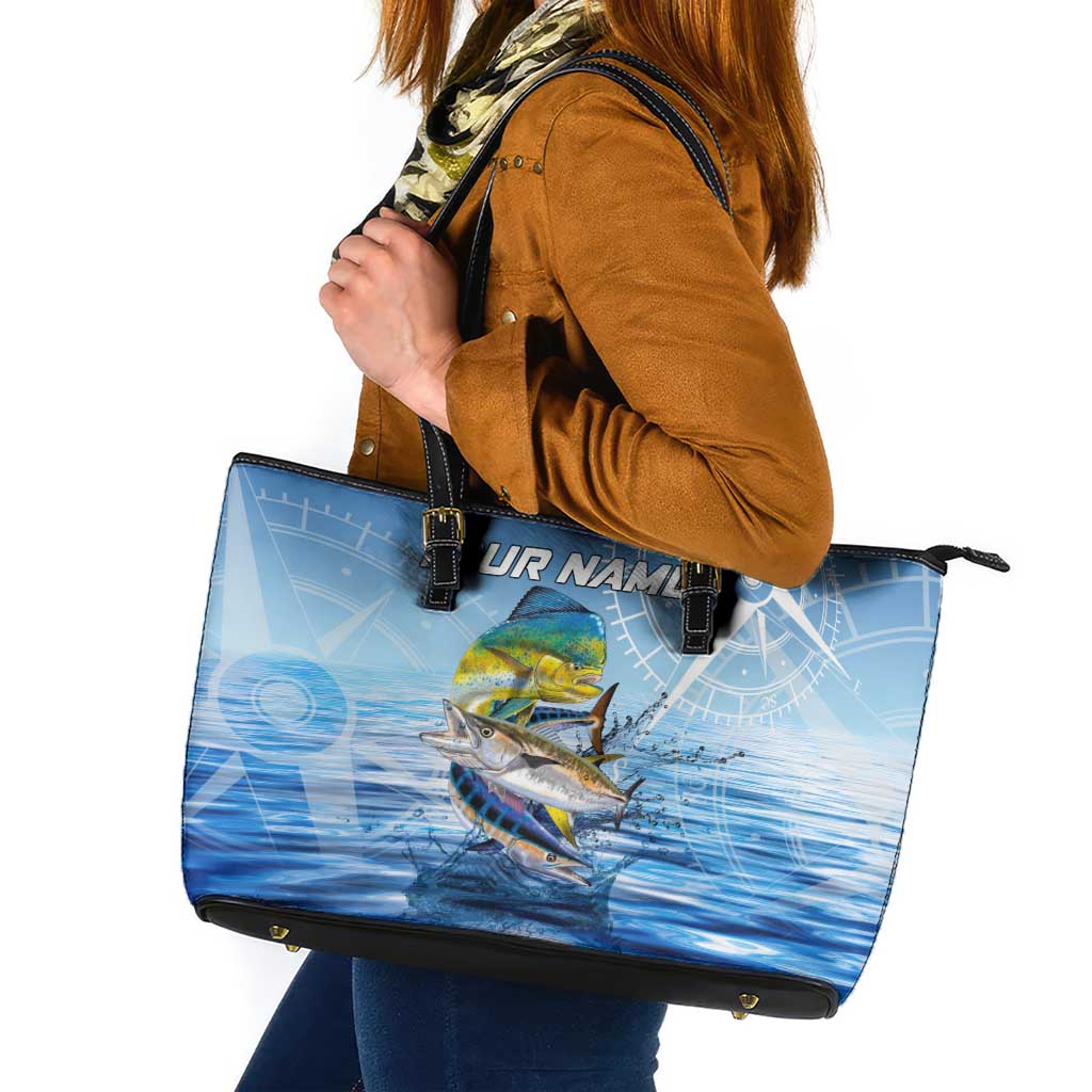 Mahi Mahi and Tuna Fish Leather Tote Bag Fishing Ocean Water Background and Nautical Compass Elements - Wonder Print Shop