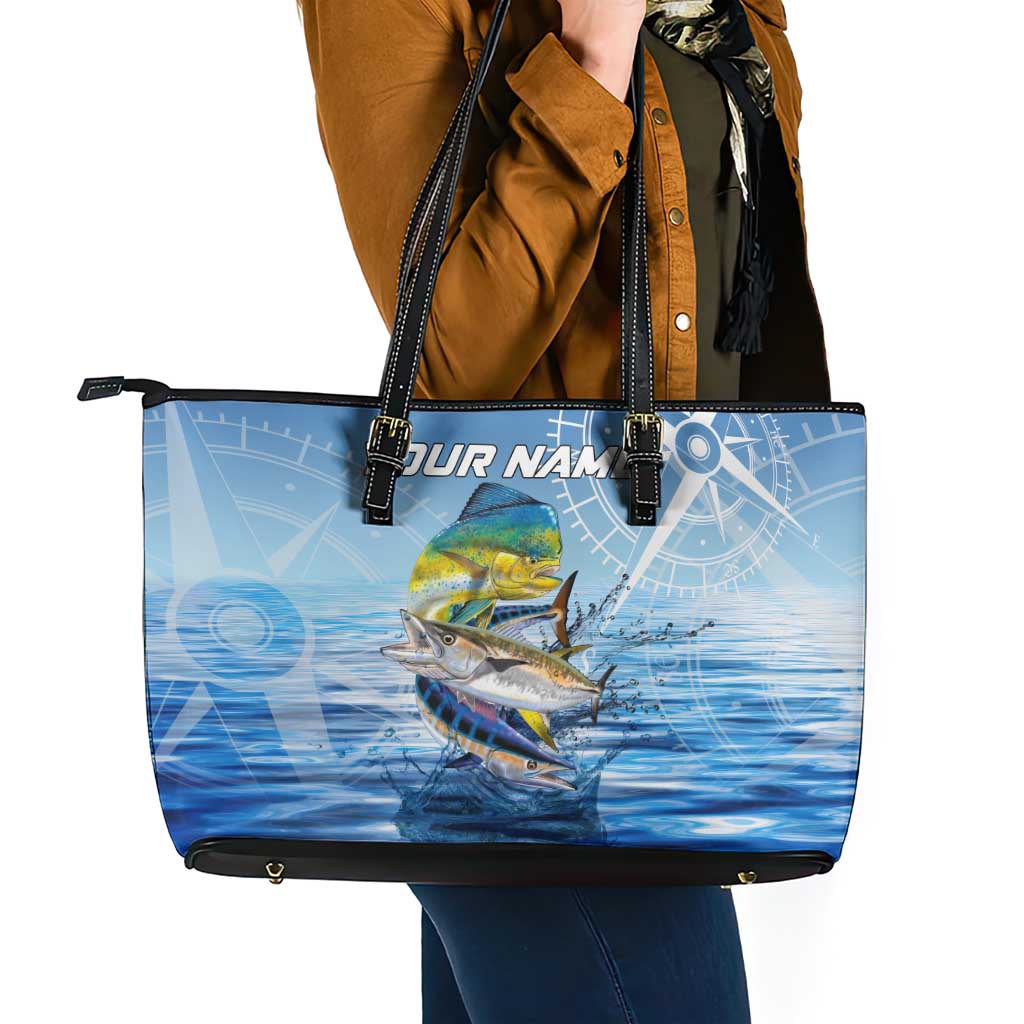 Mahi Mahi and Tuna Fish Leather Tote Bag Fishing Ocean Water Background and Nautical Compass Elements - Wonder Print Shop