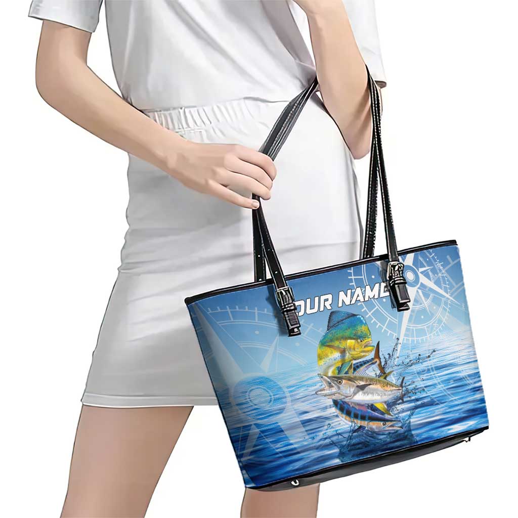 Mahi Mahi and Tuna Fish Leather Tote Bag Fishing Ocean Water Background and Nautical Compass Elements - Wonder Print Shop