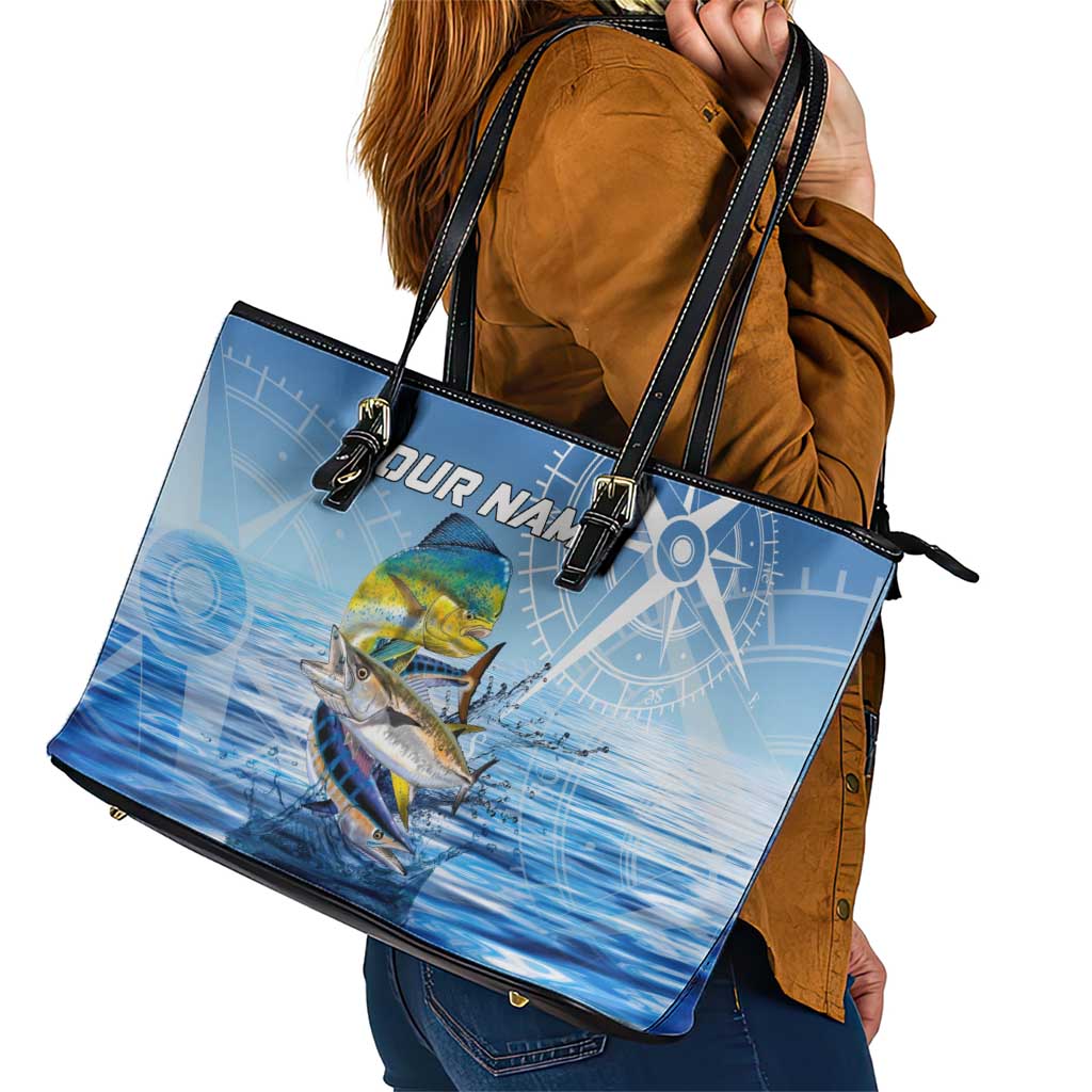 Mahi Mahi and Tuna Fish Leather Tote Bag Fishing Ocean Water Background and Nautical Compass Elements - Wonder Print Shop