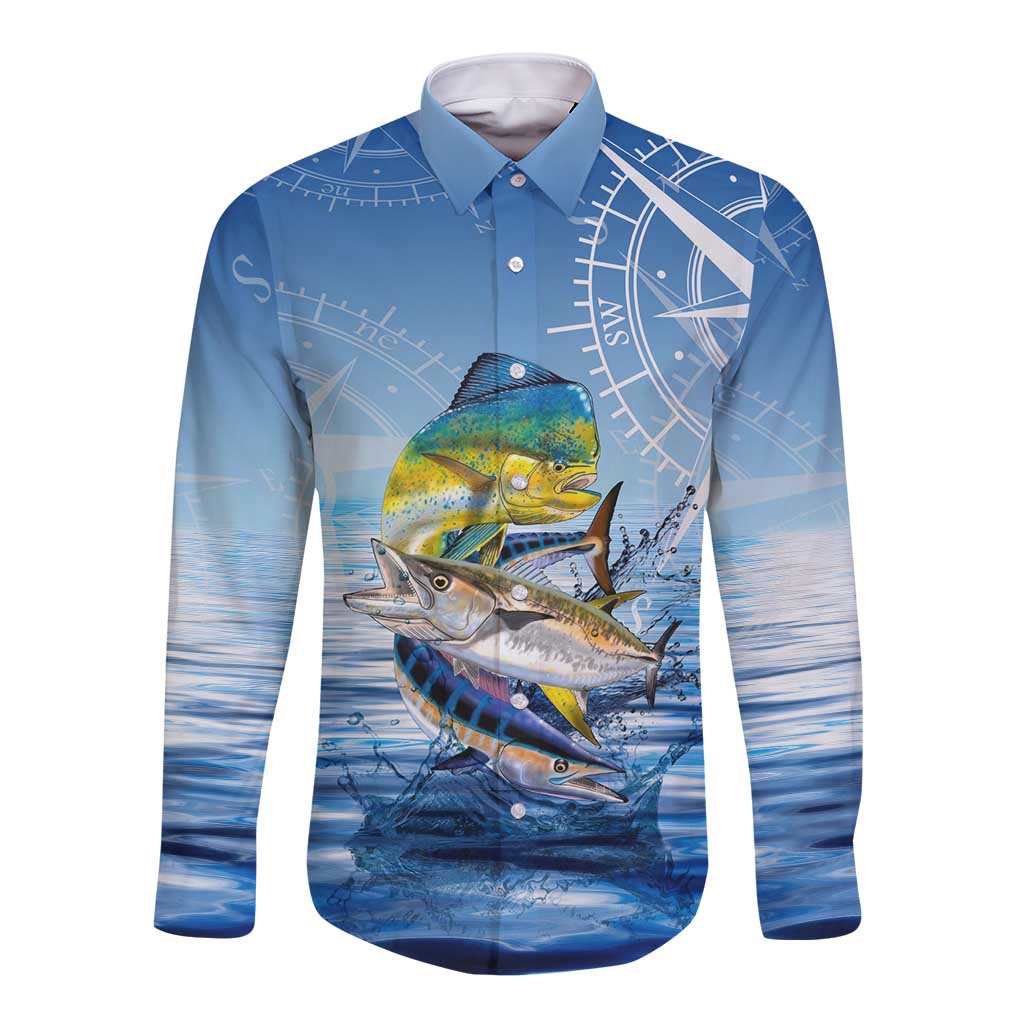 Mahi Mahi and Tuna Fish Long Sleeve Button Shirt Fishing Ocean Water Background and Nautical Compass Elements - Wonder Print Shop