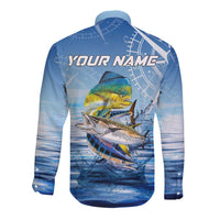 Mahi Mahi and Tuna Fish Long Sleeve Button Shirt Fishing Ocean Water Background and Nautical Compass Elements - Wonder Print Shop