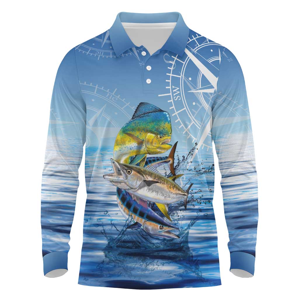 Mahi Mahi and Tuna Fish Long Sleeve Polo Shirt Fishing Ocean Water Background and Nautical Compass Elements - Wonder Print Shop