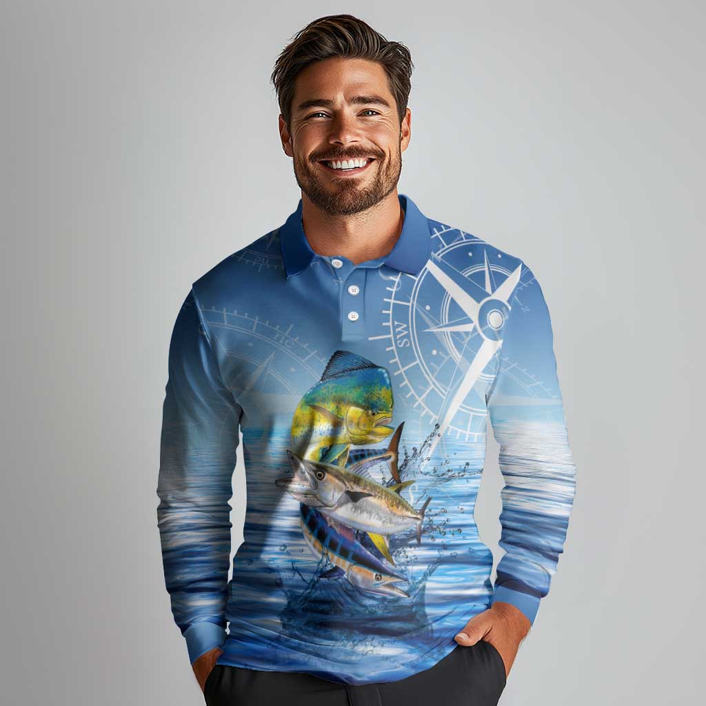 Mahi Mahi and Tuna Fish Long Sleeve Polo Shirt Fishing Ocean Water Background and Nautical Compass Elements - Wonder Print Shop