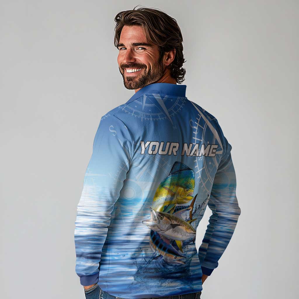 Mahi Mahi and Tuna Fish Long Sleeve Polo Shirt Fishing Ocean Water Background and Nautical Compass Elements - Wonder Print Shop
