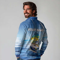 Mahi Mahi and Tuna Fish Long Sleeve Polo Shirt Fishing Ocean Water Background and Nautical Compass Elements - Wonder Print Shop