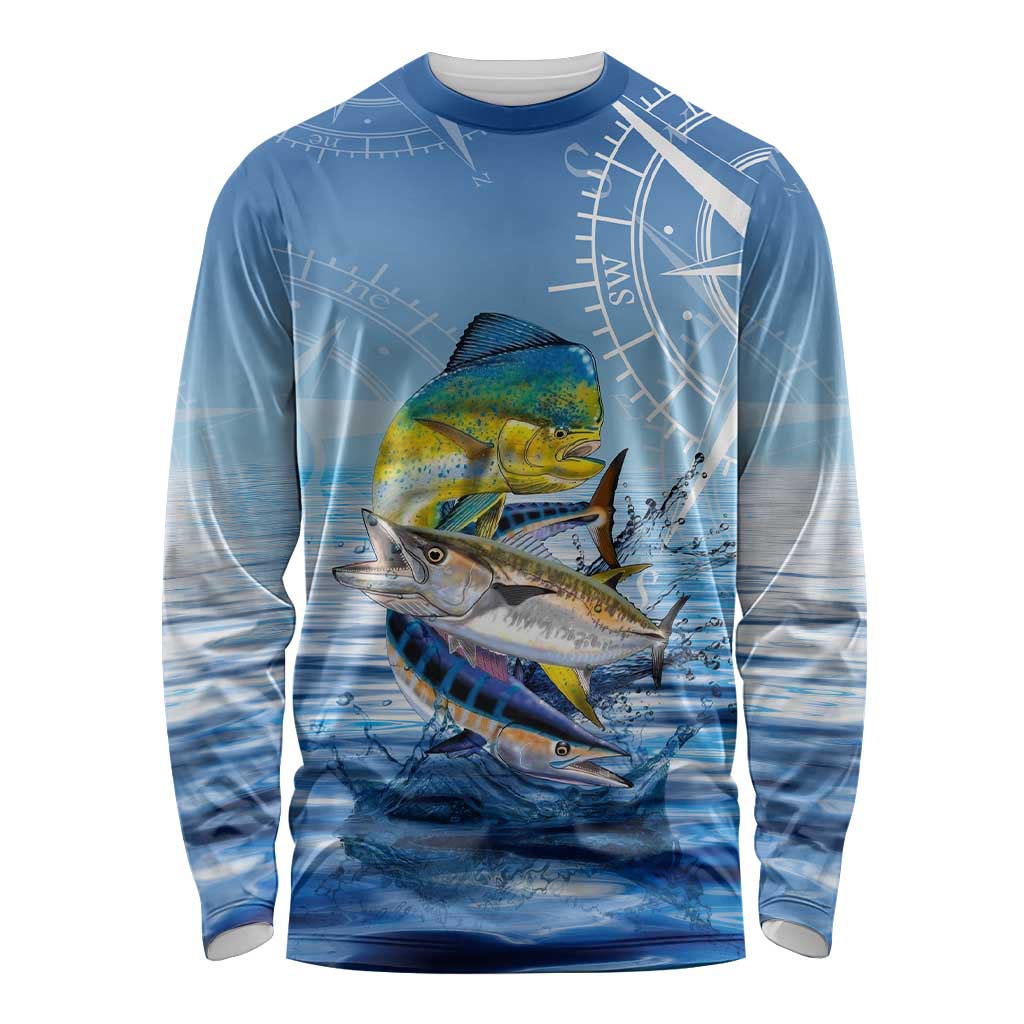 Mahi Mahi and Tuna Fish Long Sleeve Shirt Fishing Ocean Water Background and Nautical Compass Elements - Wonder Print Shop