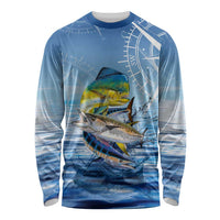 Mahi Mahi and Tuna Fish Long Sleeve Shirt Fishing Ocean Water Background and Nautical Compass Elements - Wonder Print Shop