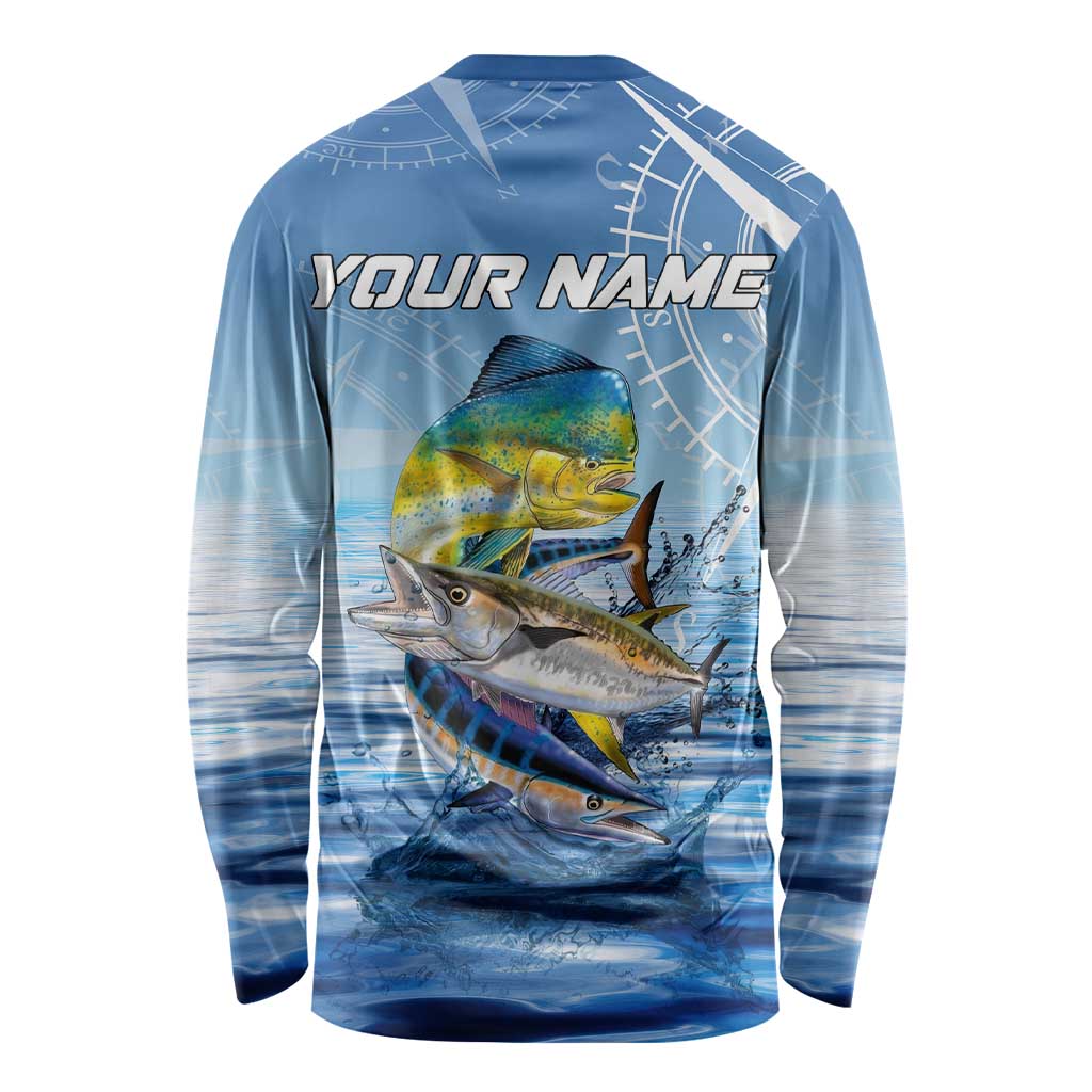 Mahi Mahi and Tuna Fish Long Sleeve Shirt Fishing Ocean Water Background and Nautical Compass Elements - Wonder Print Shop