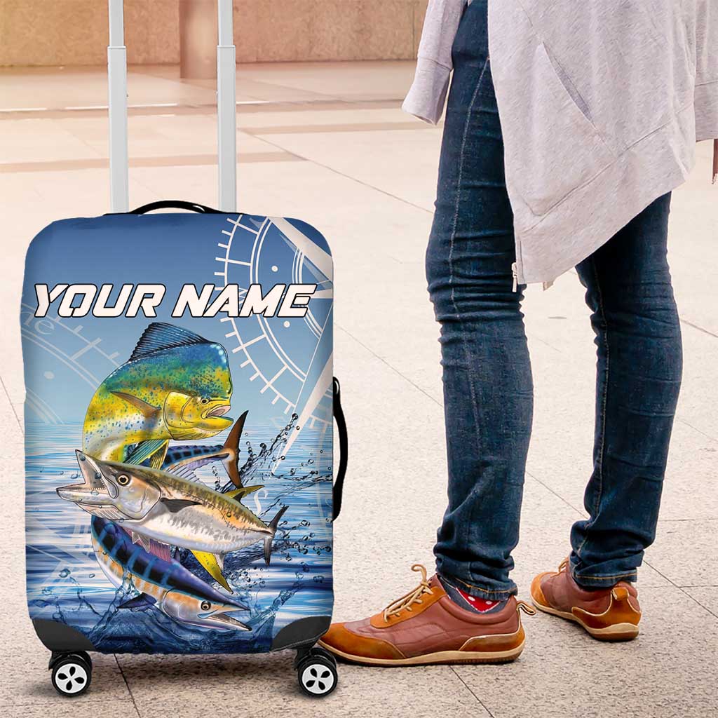 Mahi Mahi and Tuna Fish Luggage Cover Fishing Ocean Water Background and Nautical Compass Elements - Wonder Print Shop