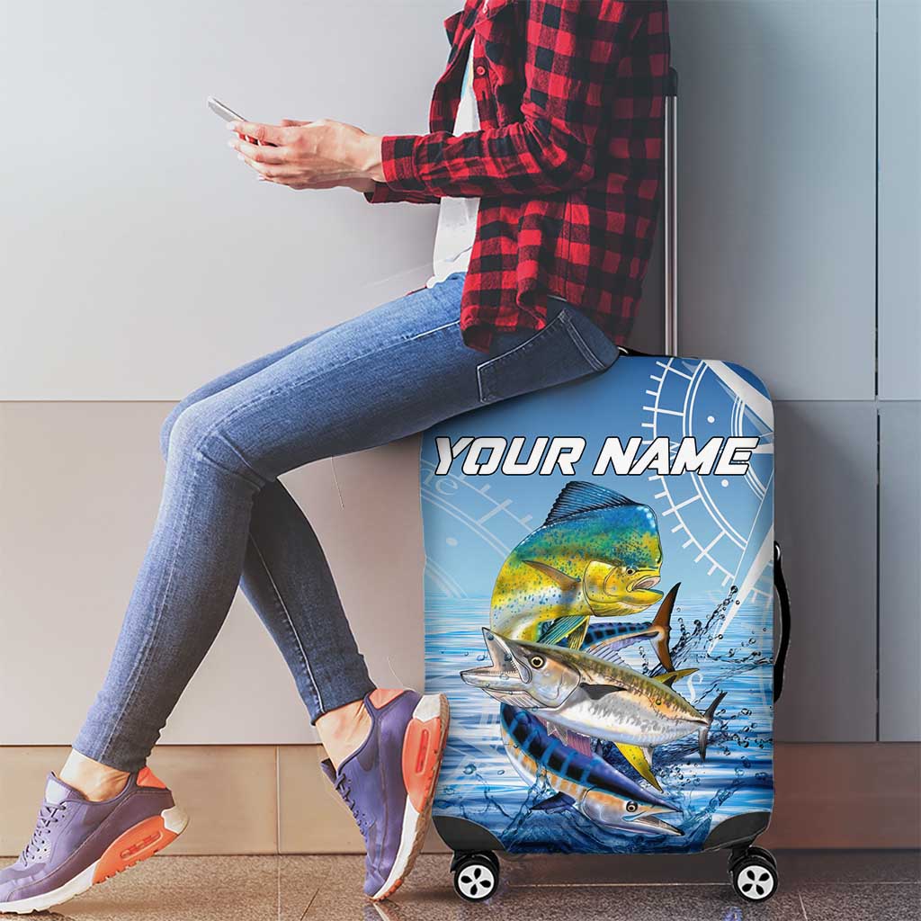 Mahi Mahi and Tuna Fish Luggage Cover Fishing Ocean Water Background and Nautical Compass Elements - Wonder Print Shop