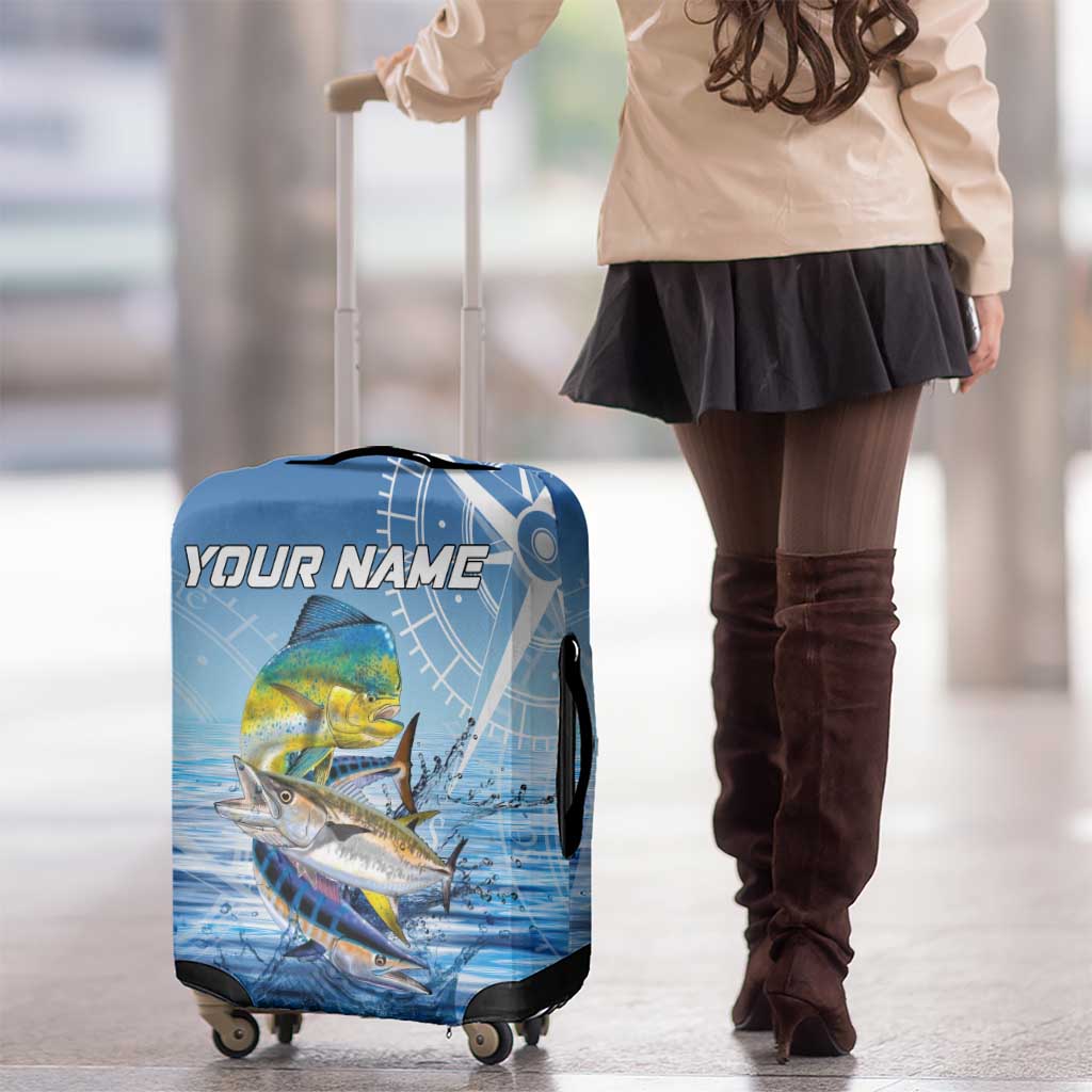 Mahi Mahi and Tuna Fish Luggage Cover Fishing Ocean Water Background and Nautical Compass Elements - Wonder Print Shop