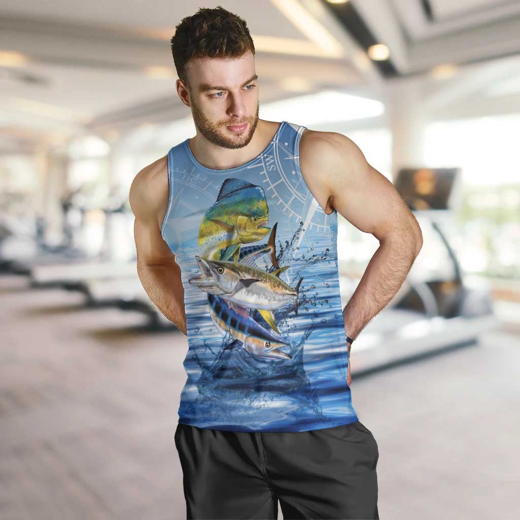 Mahi Mahi and Tuna Fish Men Tank Top Fishing Ocean Water Background and Nautical Compass Elements - Wonder Print Shop