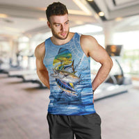 Mahi Mahi and Tuna Fish Men Tank Top Fishing Ocean Water Background and Nautical Compass Elements - Wonder Print Shop