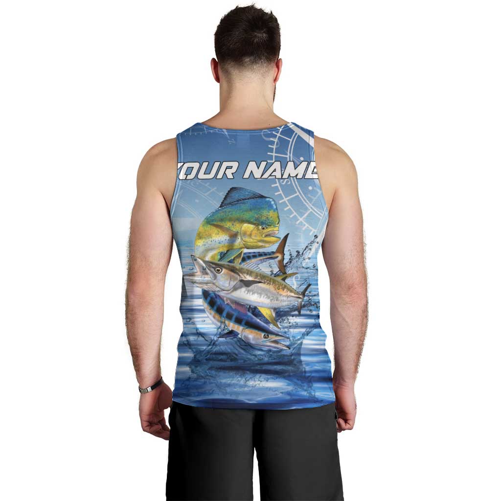 Mahi Mahi and Tuna Fish Men Tank Top Fishing Ocean Water Background and Nautical Compass Elements - Wonder Print Shop