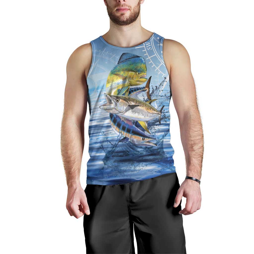 Mahi Mahi and Tuna Fish Men Tank Top Fishing Ocean Water Background and Nautical Compass Elements - Wonder Print Shop