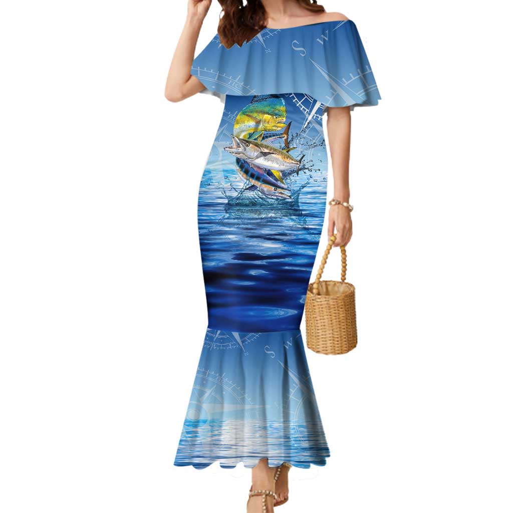 Mahi Mahi and Tuna Fish Mermaid Dress Fishing Ocean Water Background and Nautical Compass Elements - Wonder Print Shop