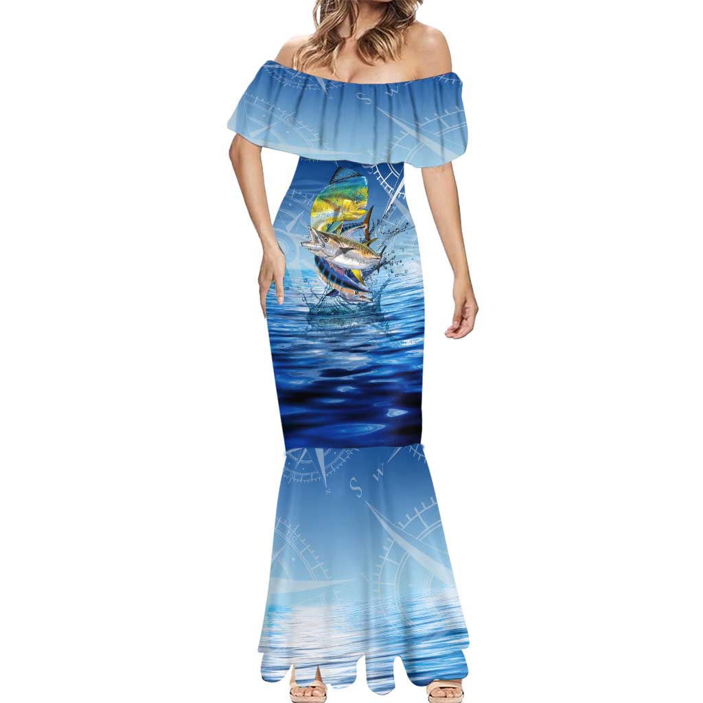 Mahi Mahi and Tuna Fish Mermaid Dress Fishing Ocean Water Background and Nautical Compass Elements - Wonder Print Shop