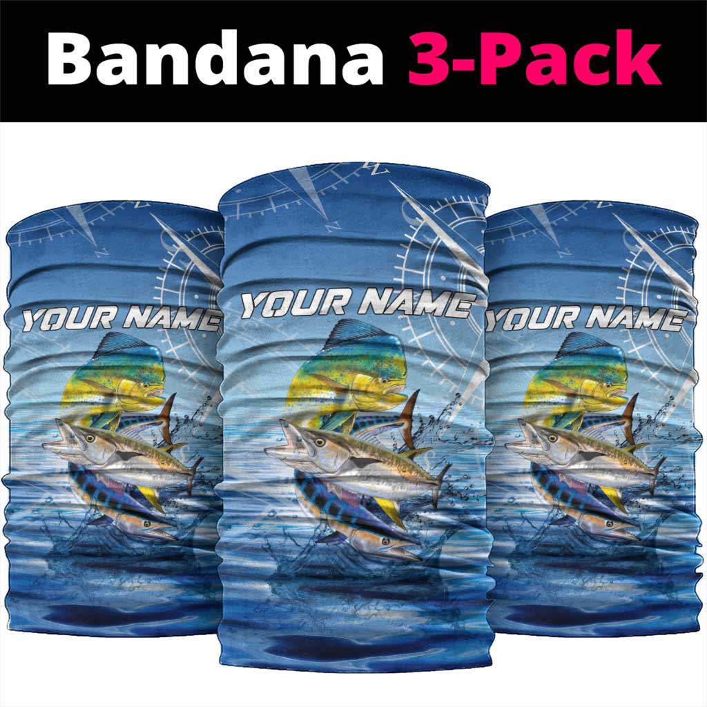 Mahi Mahi and Tuna Fish Neck Gaiter Fishing Ocean Water Background and Nautical Compass Elements TS04