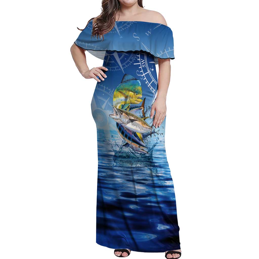 Mahi Mahi and Tuna Fish Off Shoulder Maxi Dress Fishing Ocean Water Background and Nautical Compass Elements - Wonder Print Shop