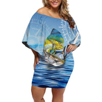 Mahi Mahi and Tuna Fish Off Shoulder Short Dress Fishing Ocean Water Background and Nautical Compass Elements - Wonder Print Shop