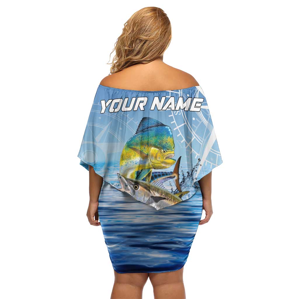 Mahi Mahi and Tuna Fish Off Shoulder Short Dress Fishing Ocean Water Background and Nautical Compass Elements - Wonder Print Shop