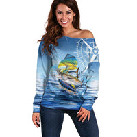 Mahi Mahi and Tuna Fish Off Shoulder Sweater Fishing Ocean Water Background and Nautical Compass Elements - Wonder Print Shop