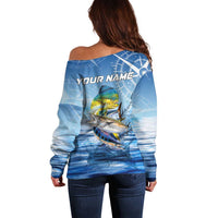 Mahi Mahi and Tuna Fish Off Shoulder Sweater Fishing Ocean Water Background and Nautical Compass Elements - Wonder Print Shop