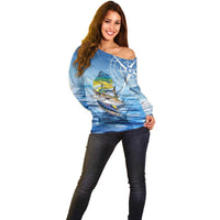 Mahi Mahi and Tuna Fish Off Shoulder Sweater Fishing Ocean Water Background and Nautical Compass Elements - Wonder Print Shop
