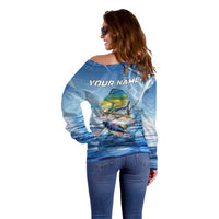 Mahi Mahi and Tuna Fish Off Shoulder Sweater Fishing Ocean Water Background and Nautical Compass Elements - Wonder Print Shop