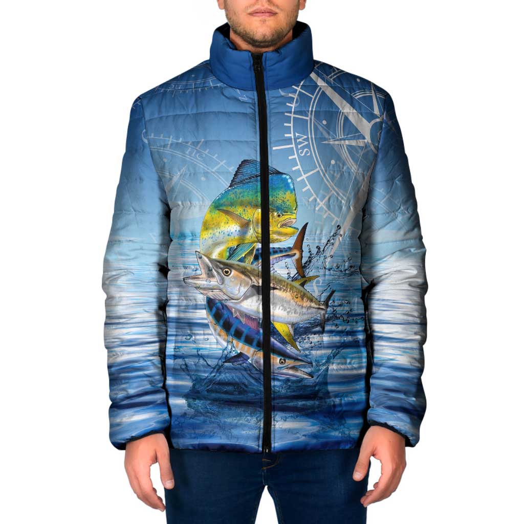 Mahi Mahi and Tuna Fish Padded Jacket Fishing Ocean Water Background and Nautical Compass Elements - Wonder Print Shop