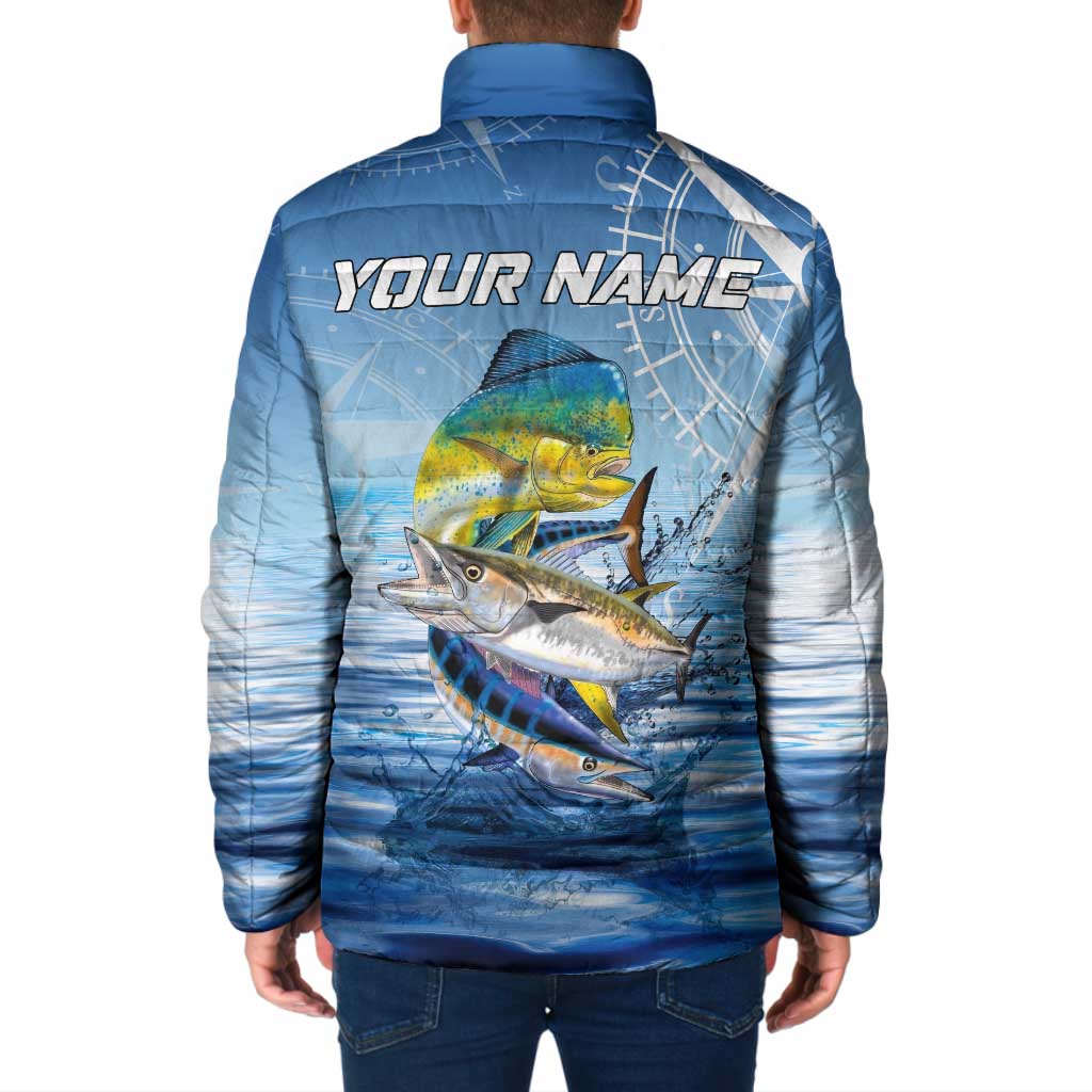 Mahi Mahi and Tuna Fish Padded Jacket Fishing Ocean Water Background and Nautical Compass Elements - Wonder Print Shop