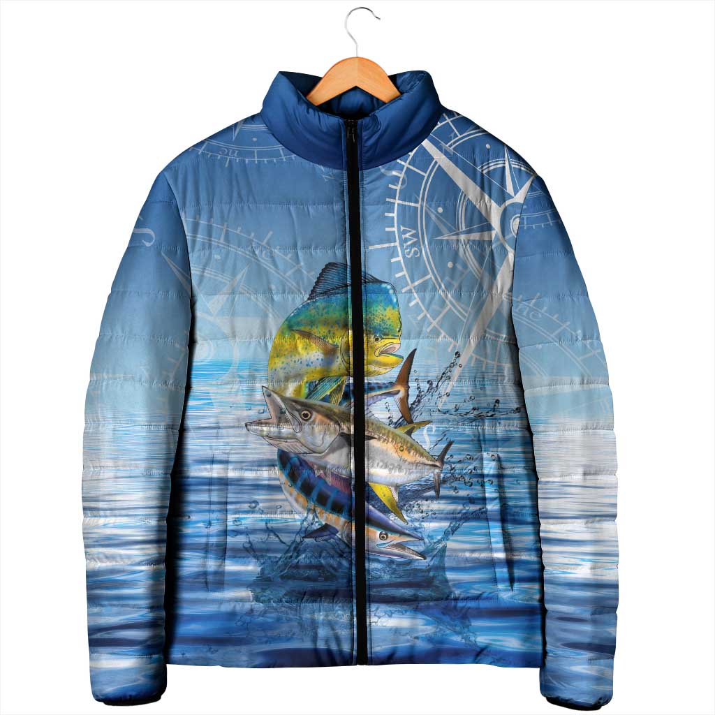Mahi Mahi and Tuna Fish Padded Jacket Fishing Ocean Water Background and Nautical Compass Elements - Wonder Print Shop