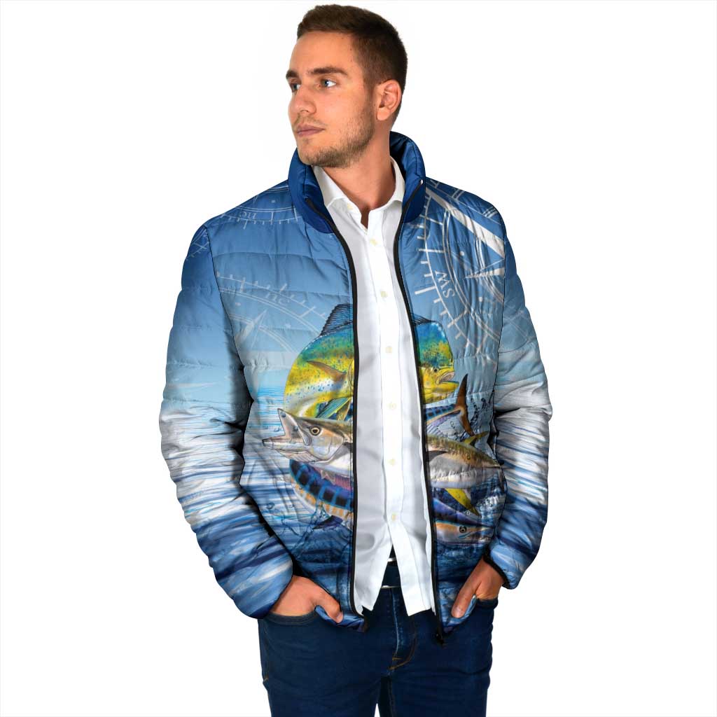 Mahi Mahi and Tuna Fish Padded Jacket Fishing Ocean Water Background and Nautical Compass Elements - Wonder Print Shop