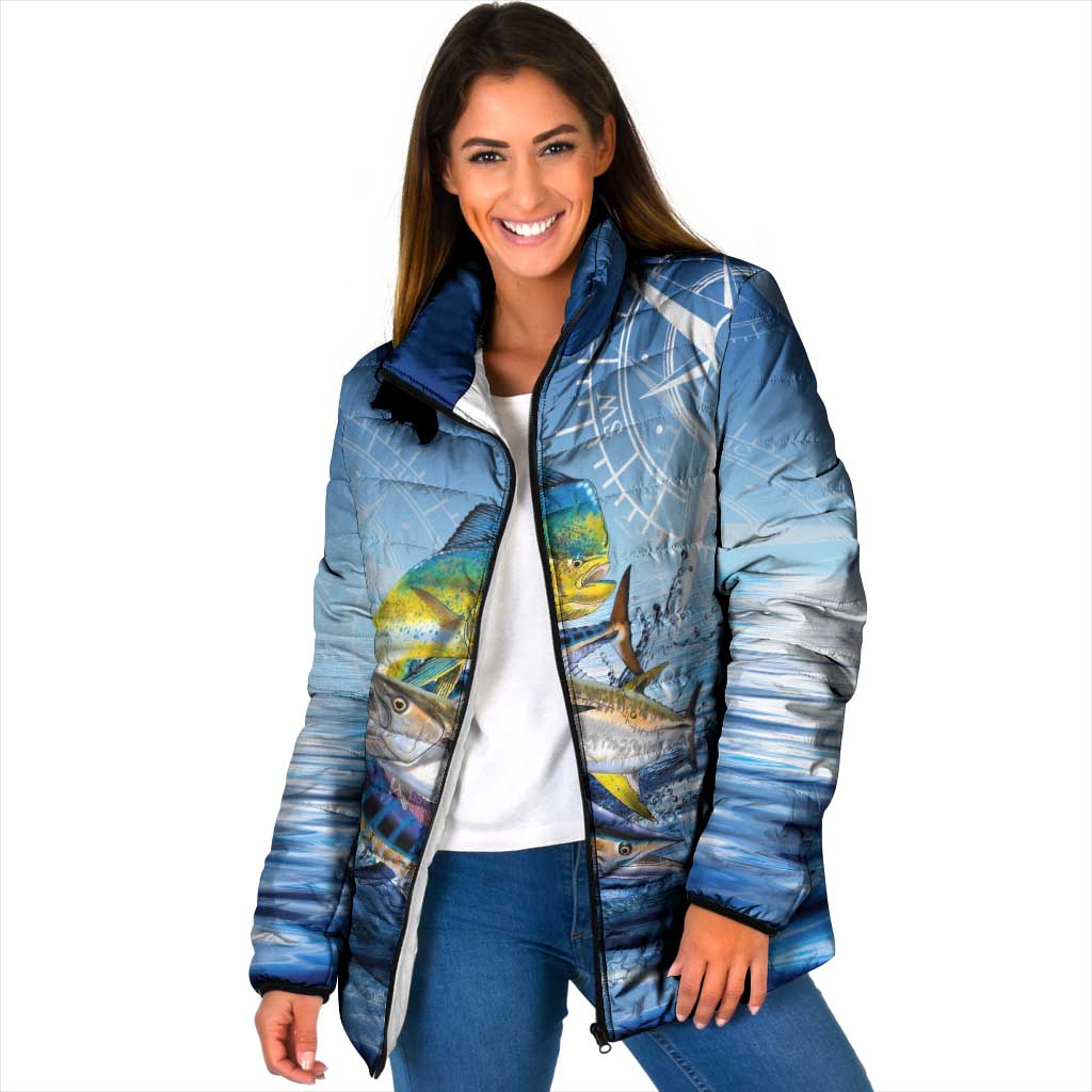 Mahi Mahi and Tuna Fish Padded Jacket Fishing Ocean Water Background and Nautical Compass Elements - Wonder Print Shop