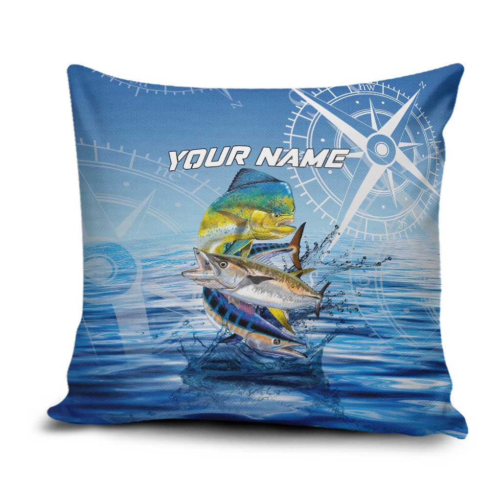 Mahi Mahi and Tuna Fish Pillow Cover Fishing Ocean Water Background and Nautical Compass Elements - Wonder Print Shop