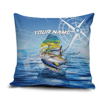 Mahi Mahi and Tuna Fish Pillow Cover Fishing Ocean Water Background and Nautical Compass Elements - Wonder Print Shop