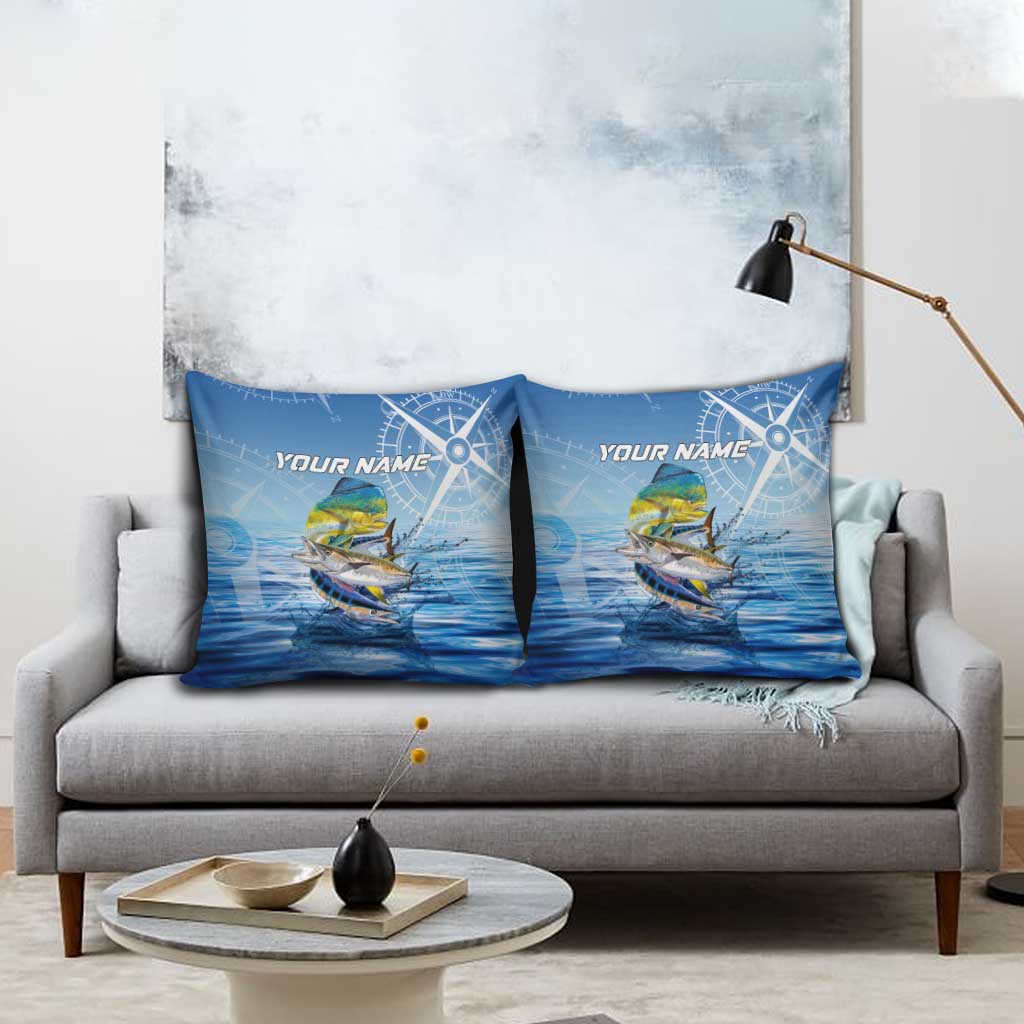 Mahi Mahi and Tuna Fish Pillow Cover Fishing Ocean Water Background and Nautical Compass Elements - Wonder Print Shop