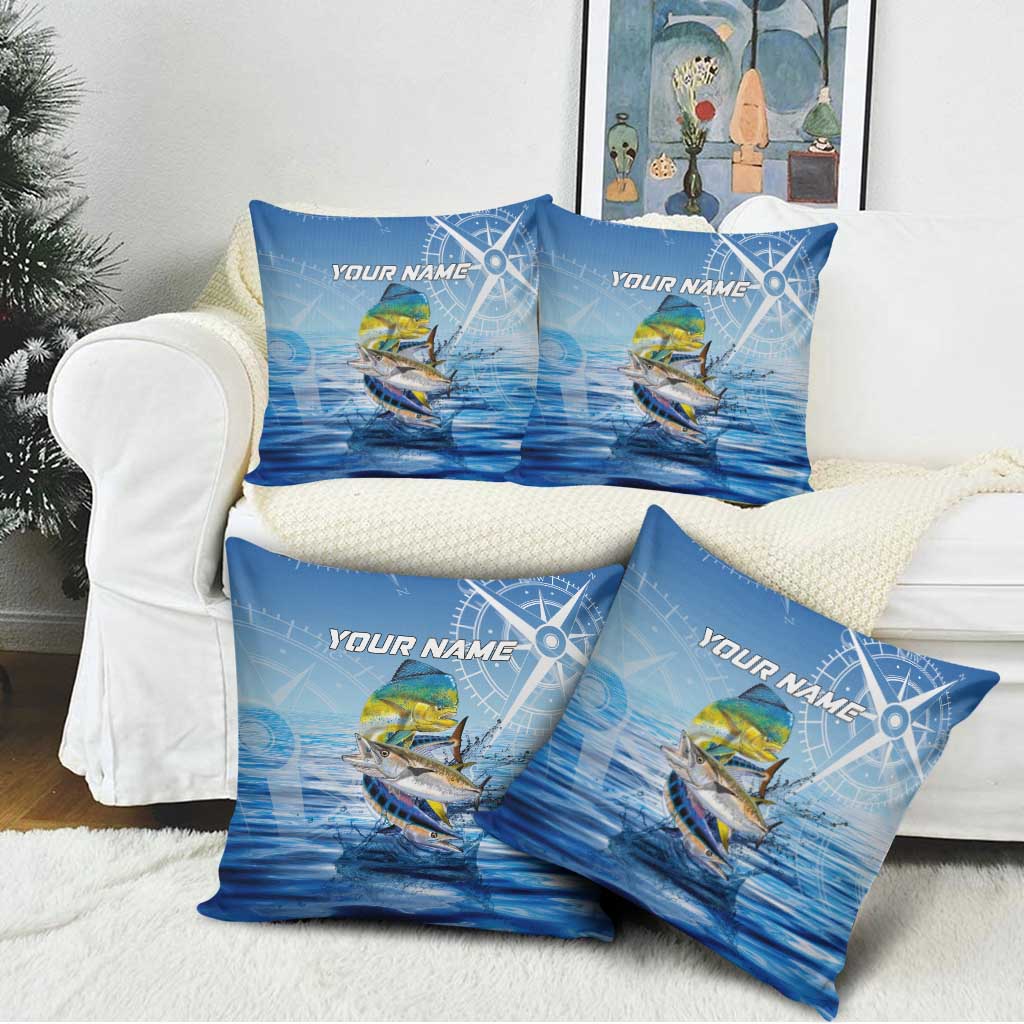 Mahi Mahi and Tuna Fish Pillow Cover Fishing Ocean Water Background and Nautical Compass Elements - Wonder Print Shop