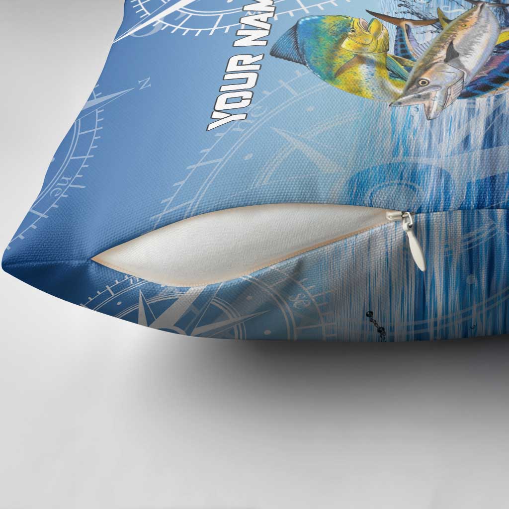 Mahi Mahi and Tuna Fish Pillow Cover Fishing Ocean Water Background and Nautical Compass Elements - Wonder Print Shop