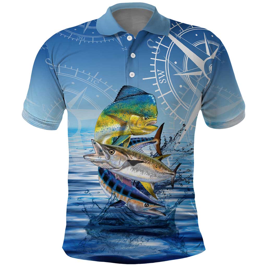 Mahi Mahi and Tuna Fish Polo Shirt Fishing Ocean Water Background and Nautical Compass Elements - Wonder Print Shop