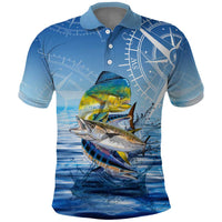 Mahi Mahi and Tuna Fish Polo Shirt Fishing Ocean Water Background and Nautical Compass Elements - Wonder Print Shop