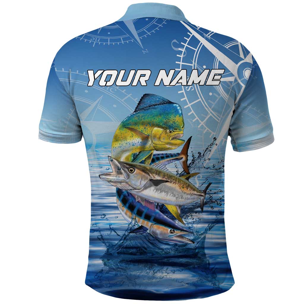 Mahi Mahi and Tuna Fish Polo Shirt Fishing Ocean Water Background and Nautical Compass Elements - Wonder Print Shop